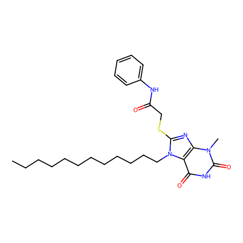 2-((7-dodecyl-3-methyl-2,6-dioxo-2,3,6,7-tetrahydro-1H-purin-8-yl)thio)-N-phenylacetamide structure