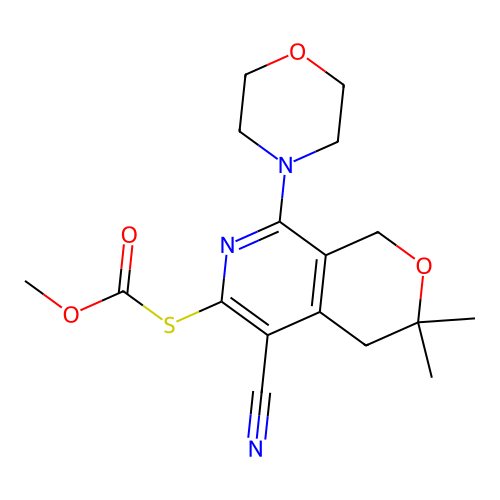 methyl (5-cyano-3,3-dimethyl-8-morpholin-4-yl-1,4-dihydropyrano[3,4-c]pyridin-6-yl)sulfanylformate structure