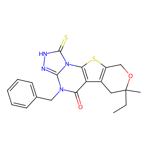 4-benzyl-7-ethyl-7-methyl-1-sulfanyl-6,9-dihydro-7H-pyrano[4',3':4,5]thieno[3,2-e][1,2,4]triazolo[4,3-a]pyrimidin-5(4H)-one structure