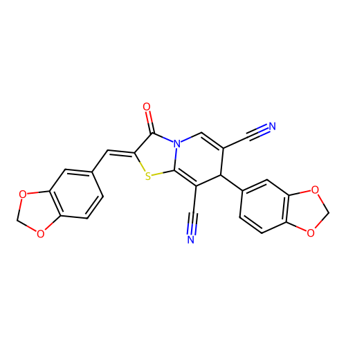 (2Z)-7-(1,3-benzodioxol-5-yl)-2-(1,3-benzodioxol-5-ylmethylidene)-3-oxo-2,3-dihydro-7H-[1,3]thiazolo[3,2-a]pyridine-6,8-dicarbonitrile structure