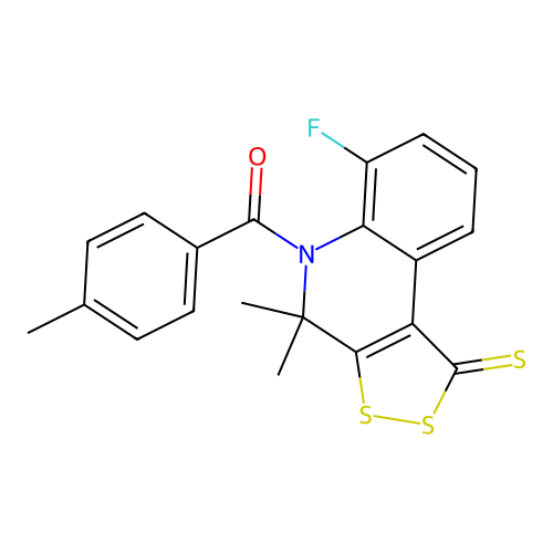 (6-fluoro-4,4-dimethyl-1-sulfanylidenedithiolo[3,4-c]quinolin-5-yl)-(4-methylphenyl)methanone structure