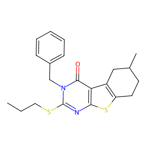 3-benzyl-6-methyl-2-(propylsulfanyl)-5,6,7,8-tetrahydro[1]benzothieno[2,3-d]pyrimidin-4(3H)-one structure