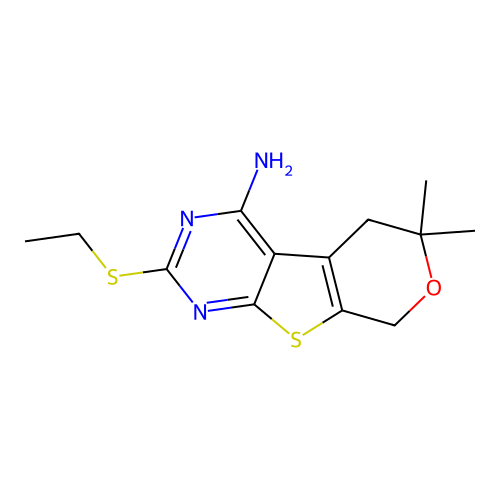 2-(ethylsulfanyl)-6,6-dimethyl-5,8-dihydro-6H-pyrano[4',3':4,5]thieno[2,3-d]pyrimidin-4-amine structure