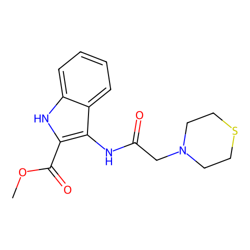 methyl 3-[(thiomorpholin-4-ylacetyl)amino]-1H-indole-2-carboxylate structure