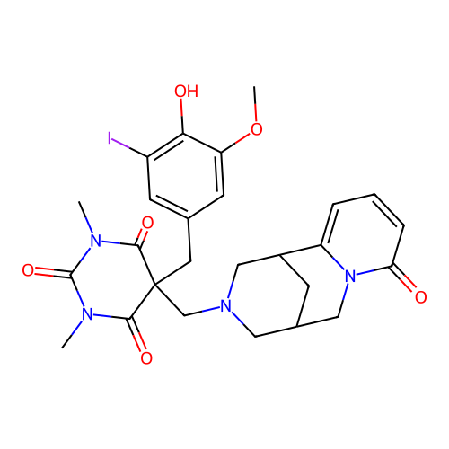 5-(4-hydroxy-3-iodo-5-methoxybenzyl)-1,3-dimethyl-5-[(8-oxo-1,5,6,8-tetrahydro-2H-1,5-methanopyrido[1,2-a][1,5]diazocin-3(4H)-yl)methyl]pyrimidine-2,4,6(1H,3H,5H)-trione structure
