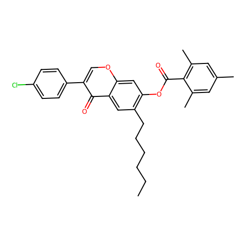 3-(4-Chlorophenyl)-6-hexyl-4-oxochromen-7-yl 2,4,6-trimethylbenzoate structure