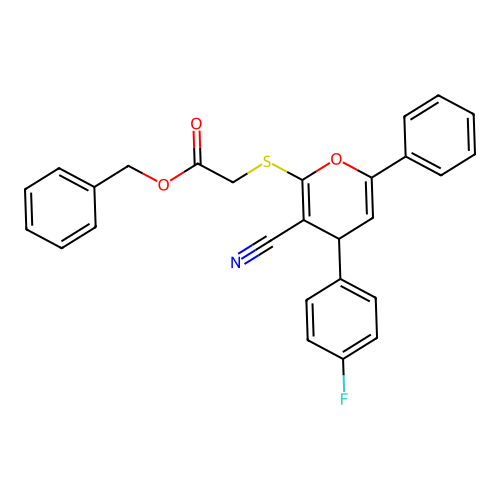 benzyl {[3-cyano-4-(4-fluorophenyl)-6-phenyl-4H-pyran-2-yl]sulfanyl}acetate structure