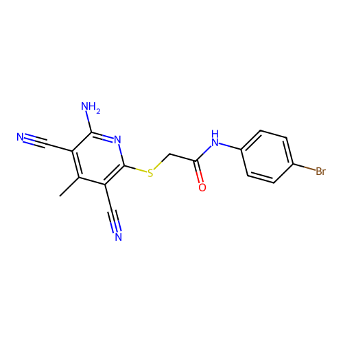 2-[(6-amino-3,5-dicyano-4-methylpyridin-2-yl)sulfanyl]-N-(4-bromophenyl)acetamide structure