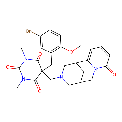 5-(5-bromo-2-methoxybenzyl)-1,3-dimethyl-5-[(8-oxo-1,5,6,8-tetrahydro-2H-1,5-methanopyrido[1,2-a][1,5]diazocin-3(4H)-yl)methyl]pyrimidine-2,4,6(1H,3H,5H)-trione structure