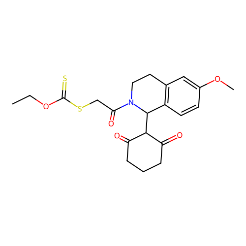 Dithiocarbonic acid {2-[1-(2,6-dioxo-cyclohexyl)-6-methoxy-3,4-dihydro-1H-isoquinolin-2-yl]-2-oxo-ethyl} ester ethyl ester structure
