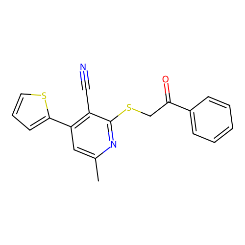 6-methyl-2-phenacylsulfanyl-4-thiophen-2-ylpyridine-3-carbonitrile structure