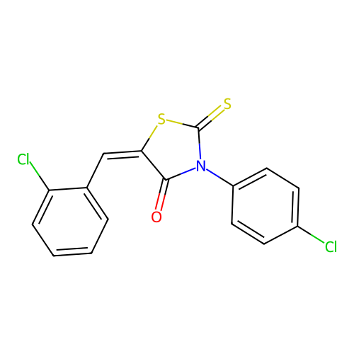 (E)-5-(2-chlorobenzylidene)-3-(4-chlorophenyl)-2-thioxothiazolidin-4-one structure