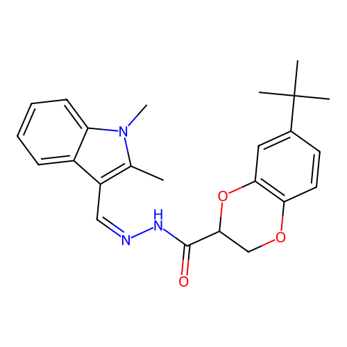 (Z)-7-(tert-butyl)-N'-((1,2-dimethyl-1H-indol-3-yl)methylene)-2,3-dihydrobenzo[b][1,4]dioxine-2-carbohydrazide structure