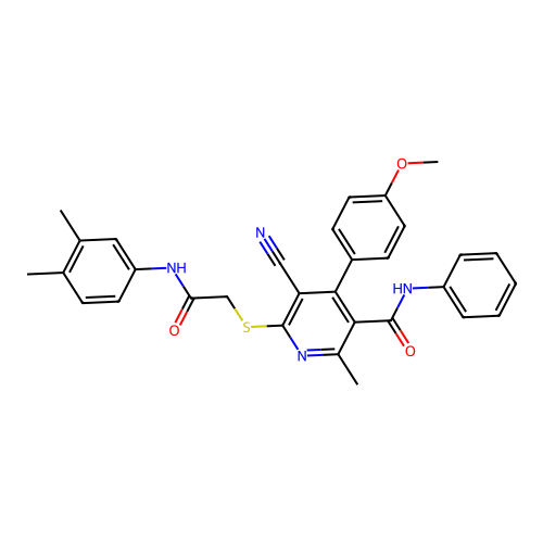 5-cyano-6-((2-((3,4-dimethylphenyl)amino)-2-oxoethyl)thio)-4-(4-methoxyphenyl)-2-methyl-N-phenylnicotinamide structure