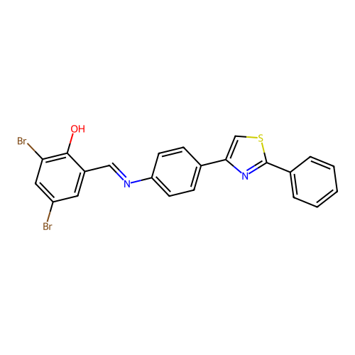 2,4-dibromo-6-[(E)-{[4-(2-phenyl-1,3-thiazol-4-yl)phenyl]imino}methyl]phenol structure