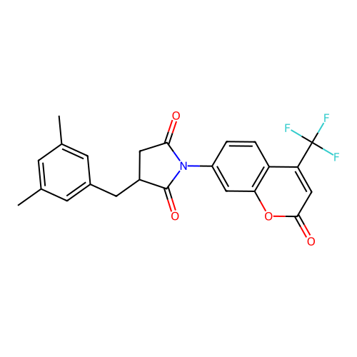 3-[(3,5-dimethylphenyl)methyl]-1-[2-oxo-4-(trifluoromethyl)chromen-7-yl]pyrrolidine-2,5-dione structure