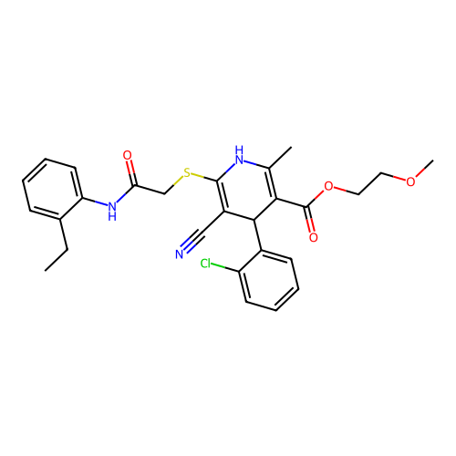 2-methoxyethyl 4-(2-chlorophenyl)-5-cyano-6-((2-((2-ethylphenyl)amino)-2-oxoethyl)thio)-2-methyl-1,4-dihydropyridine-3-carboxylate structure
