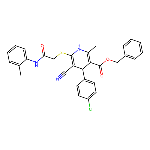 benzyl 4-(4-chlorophenyl)-5-cyano-2-methyl-6-((2-oxo-2-(o-tolylamino)ethyl)thio)-1,4-dihydropyridine-3-carboxylate structure