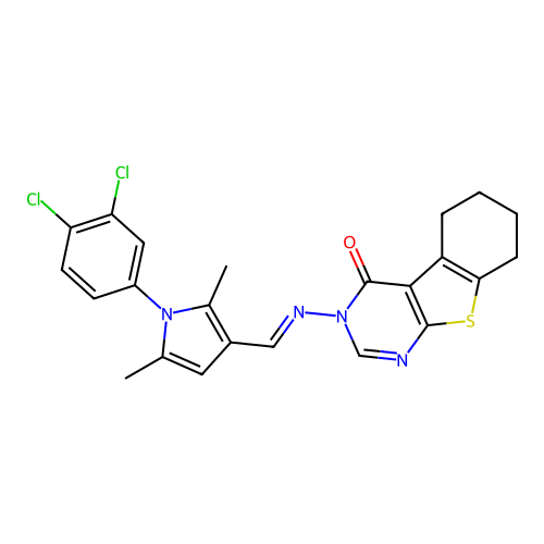 (E)-3-(((1-(3,4-dichlorophenyl)-2,5-dimethyl-1H-pyrrol-3-yl)methylene)amino)-5,6,7,8-tetrahydrobenzo[4,5]thieno[2,3-d]pyrimidin-4(3H)-one structure