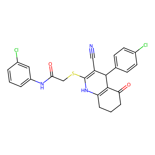 N-(3-chlorophenyl)-2-((4-(4-chlorophenyl)-3-cyano-5-oxo-1,4,5,6,7,8-hexahydroquinolin-2-yl)thio)acetamide structure