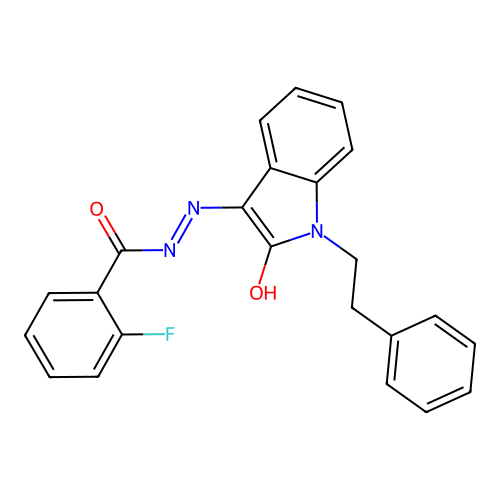 2-fluoro-N-[(2-oxo-1-phenethylindol-3-ylidene)amino]benzamide structure