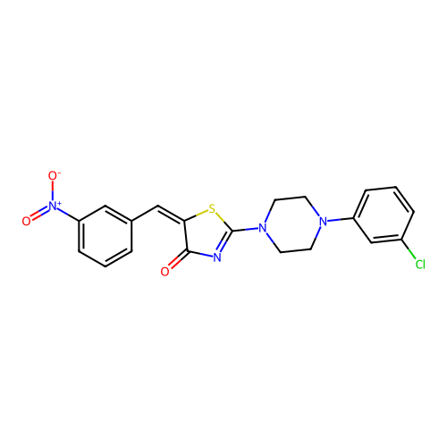 (5E)-2-[4-(3-chlorophenyl)piperazin-1-yl]-5-(3-nitrobenzylidene)-1,3-thiazol-4(5H)-one structure