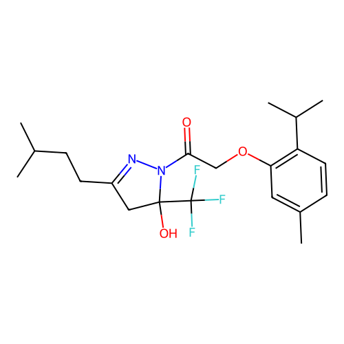 1-(5-hydroxy-3-isopentyl-5-(trifluoromethyl)-4,5-dihydro-1H-pyrazol-1-yl)-2-(2-isopropyl-5-methylphenoxy)ethanone structure