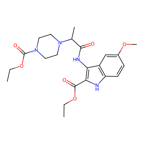 Ethyl 3-[2-(4-ethoxycarbonylpiperazin-1-yl)propanoylamino]-5-methoxy-1H-indole-2-carboxylate structure