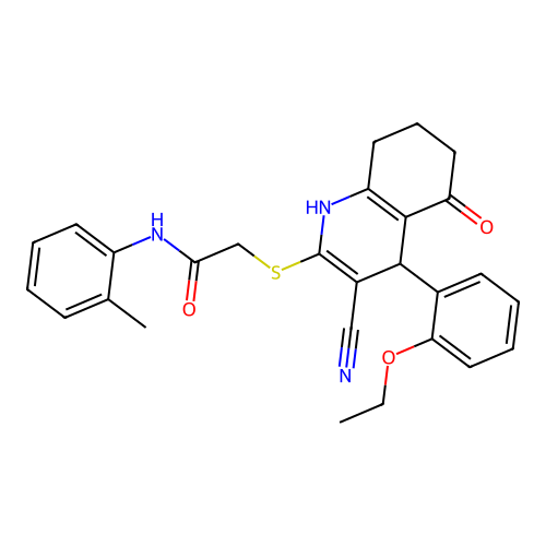 2-((3-cyano-4-(2-ethoxyphenyl)-5-oxo-1,4,5,6,7,8-hexahydroquinolin-2-yl)thio)-N-(o-tolyl)acetamide structure