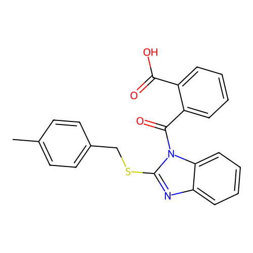 2-({2-[(4-methylbenzyl)sulfanyl]-1H-benzimidazol-1-yl}carbonyl)benzoic acid structure