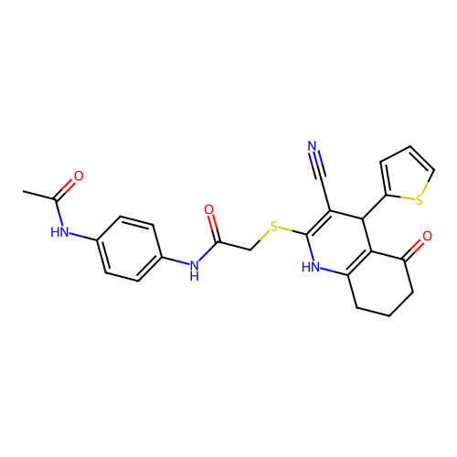 N-(4-acetamidophenyl)-2-((3-cyano-5-oxo-4-(thiophen-2-yl)-1,4,5,6,7,8-hexahydroquinolin-2-yl)thio)acetamide structure