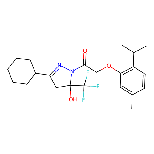 1-[3-cyclohexyl-5-hydroxy-5-(trifluoromethyl)-4,5-dihydro-1H-pyrazol-1-yl]-2-[5-methyl-2-(propan-2-yl)phenoxy]ethanone structure