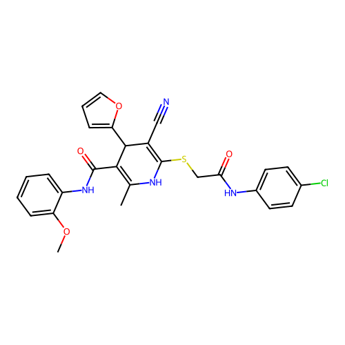 6-((2-((4-chlorophenyl)amino)-2-oxoethyl)thio)-5-cyano-4-(furan-2-yl)-N-(2-methoxyphenyl)-2-methyl-1,4-dihydropyridine-3-carboxamide structure