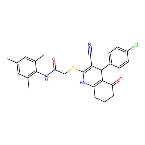 2-((4-(4-chlorophenyl)-3-cyano-5-oxo-1,4,5,6,7,8-hexahydroquinolin-2-yl)thio)-N-mesitylacetamide structure
