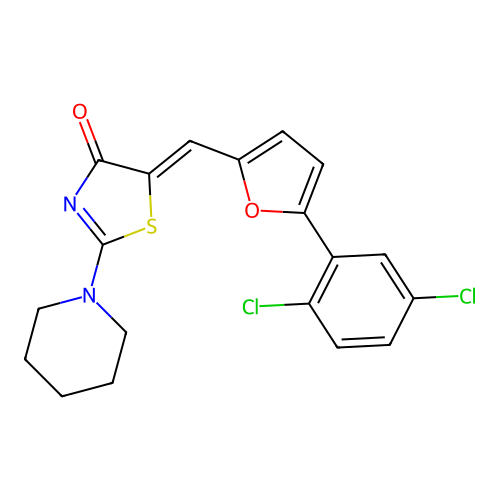 (Z)-5-((5-(2,5-dichlorophenyl)furan-2-yl)methylene)-2-(piperidin-1-yl)thiazol-4(5H)-one structure