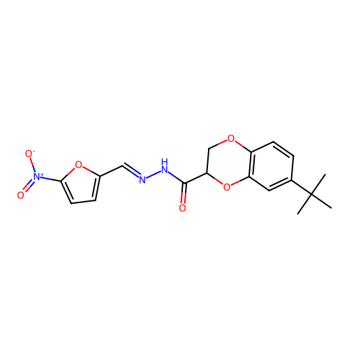 6-tert-butyl-N-[(5-nitro-2-furyl)methyleneamino]-2,3-dihydro-1,4-benzodioxin-3-carboxamide structure