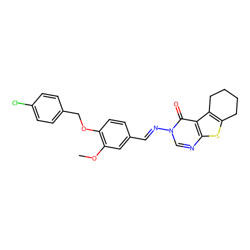 (E)-3-((4-((4-chlorobenzyl)oxy)-3-methoxybenzylidene)amino)-5,6,7,8-tetrahydrobenzo[4,5]thieno[2,3-d]pyrimidin-4(3H)-one structure
