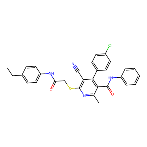 4-(4-chlorophenyl)-5-cyano-6-((2-((4-ethylphenyl)amino)-2-oxoethyl)thio)-2-methyl-N-phenylnicotinamide structure