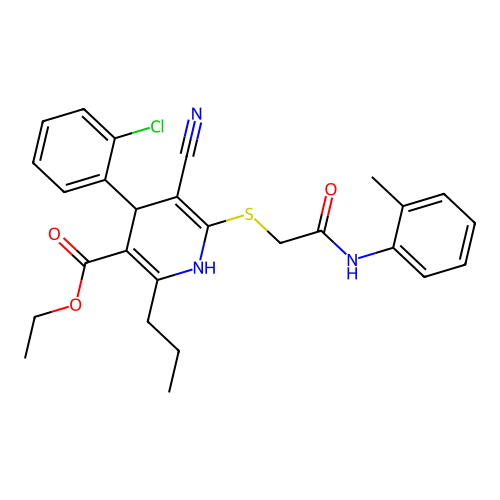 ethyl 4-(2-chlorophenyl)-5-cyano-6-((2-oxo-2-(o-tolylamino)ethyl)thio)-2-propyl-1,4-dihydropyridine-3-carboxylate structure