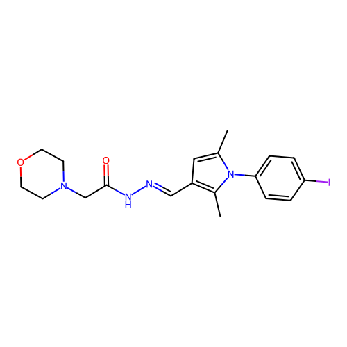 N-[[1-(4-iodophenyl)-2,5-dimethyl-pyrrol-3-yl]methylideneamino]-2-morpholin-4-yl-acetamide structure