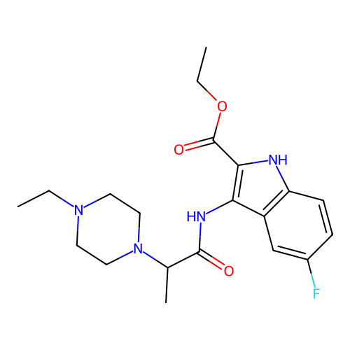 Ethyl 3-[2-(4-ethylpiperazin-1-yl)propanoylamino]-5-fluoro-1H-indole-2-carboxylate structure
