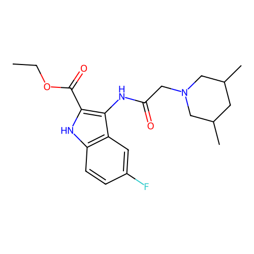 ethyl 3-(2-(3,5-dimethylpiperidin-1-yl)acetamido)-5-fluoro-1H-indole-2-carboxylate structure