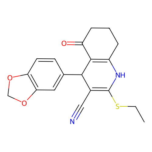4-(1,3-benzodioxol-5-yl)-2-(ethylsulfanyl)-5-oxo-1,4,5,6,7,8-hexahydroquinoline-3-carbonitrile structure