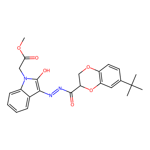 methyl [(3E)-3-{2-[(7-tert-butyl-2,3-dihydro-1,4-benzodioxin-2-yl)carbonyl]hydrazinylidene}-2-oxo-2,3-dihydro-1H-indol-1-yl]acetate structure