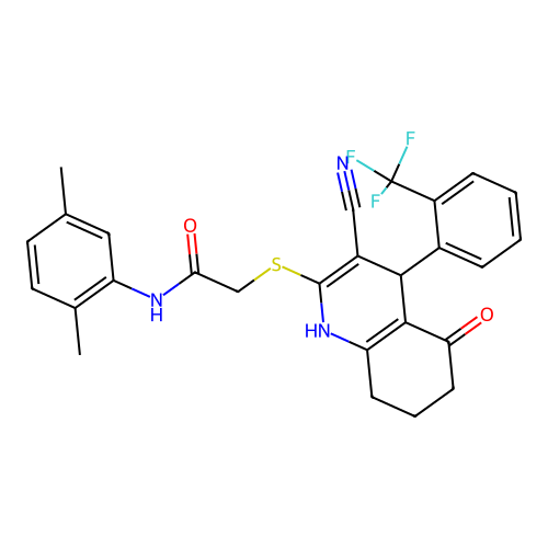 2-({3-cyano-5-oxo-4-[2-(trifluoromethyl)phenyl]-1,4,5,6,7,8-hexahydroquinolin-2-yl}sulfanyl)-N-(2,5-dimethylphenyl)acetamide structure
