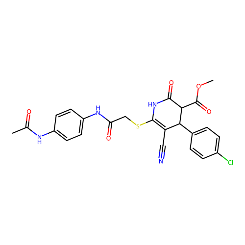 methyl 6-((2-((4-acetamidophenyl)amino)-2-oxoethyl)thio)-4-(4-chlorophenyl)-5-cyano-2-oxo-1,2,3,4-tetrahydropyridine-3-carboxylate structure