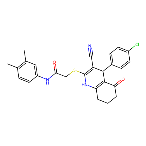 2-((4-(4-chlorophenyl)-3-cyano-5-oxo-1,4,5,6,7,8-hexahydroquinolin-2-yl)thio)-N-(3,4-dimethylphenyl)acetamide structure