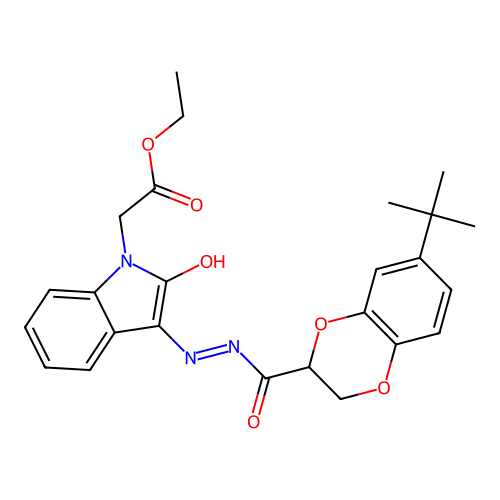 (E)-ethyl 2-(3-(2-(7-(tert-butyl)-2,3-dihydrobenzo[b][1,4]dioxine-2-carbonyl)hydrazono)-2-oxoindolin-1-yl)acetate structure