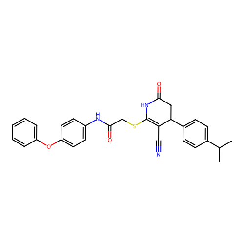 2-({3-cyano-6-oxo-4-[4-(propan-2-yl)phenyl]-1,4,5,6-tetrahydropyridin-2-yl}sulfanyl)-N-(4-phenoxyphenyl)acetamide structure