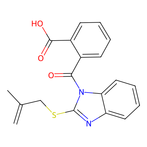2-(2-((2-methylallyl)thio)-1H-benzo[d]imidazole-1-carbonyl)benzoic acid structure